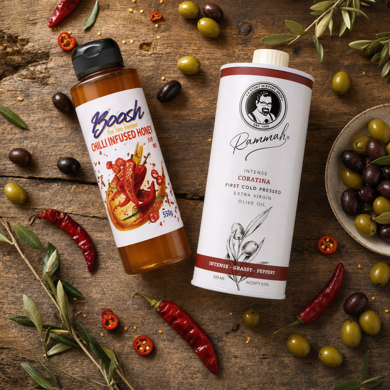 Boosh the Beekeeper chilli honey and Rammah Farms Coratina olive oil side by side