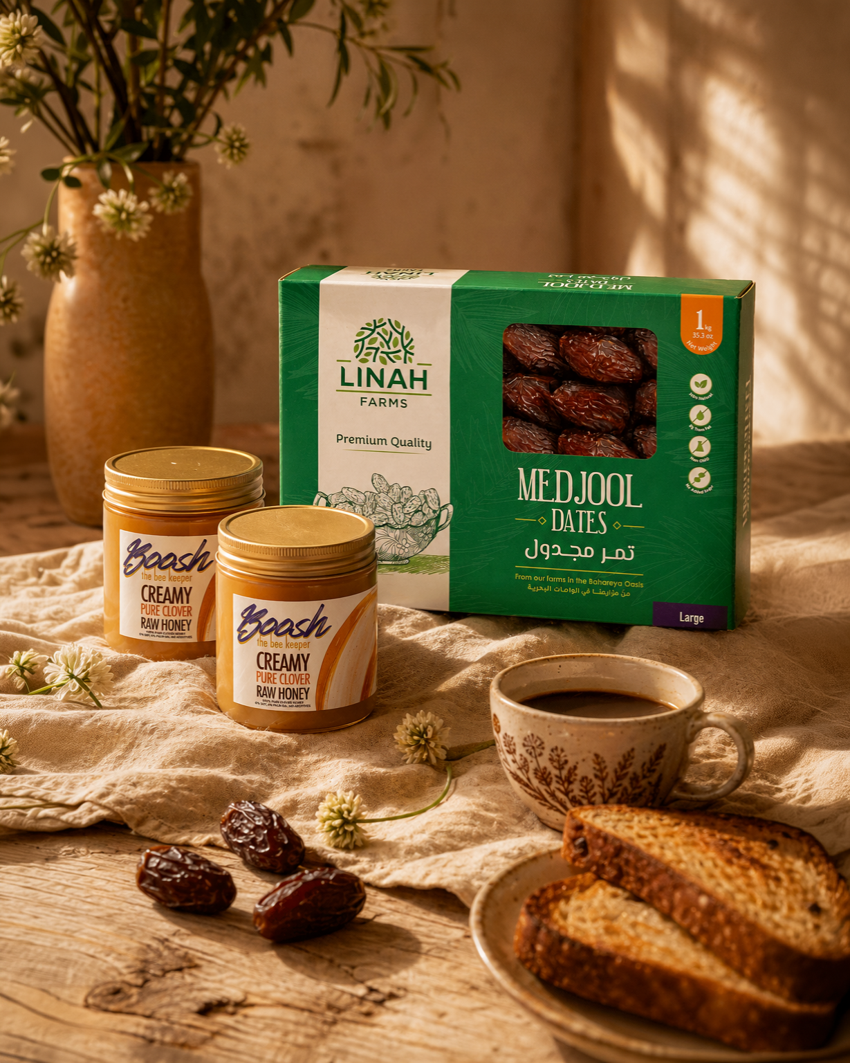 Linah Farms Medjool dates and Boosh the Beekeeper raw clover honey, dark caramel beside soft cream