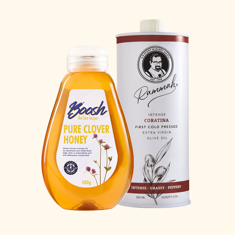 Egyptian clover honey and Coratina extra virgin olive oil gift bundle in a kraft gift box — Boosh the Beekeeper and Rammah Farms