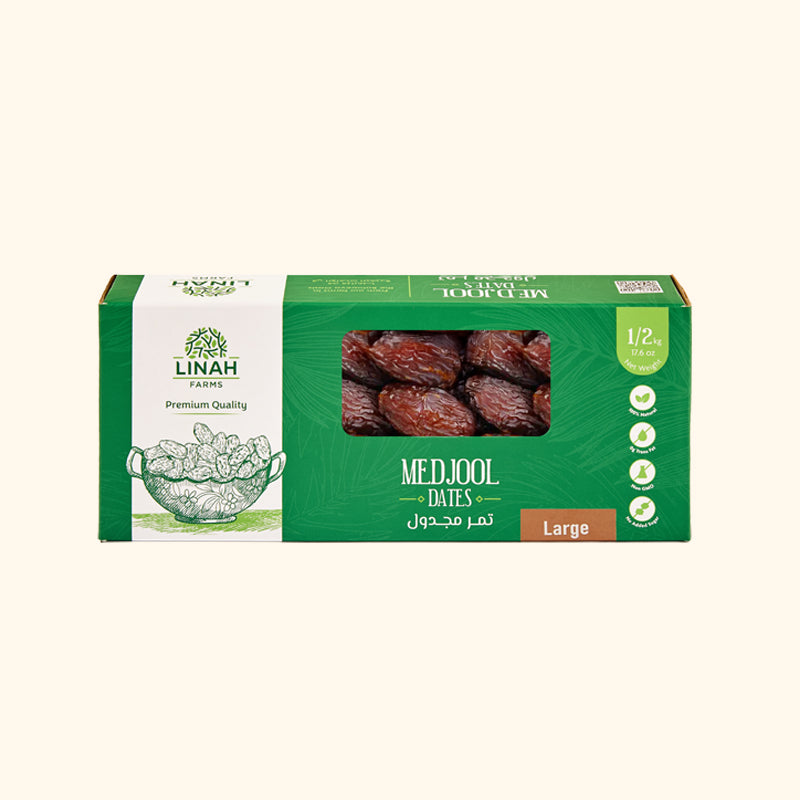 Egyptian Medjool dates from Linah Farms, 500g box, front view