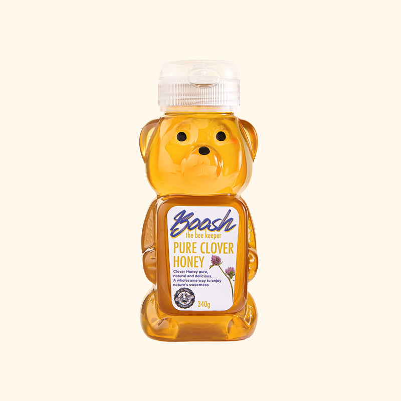 Bear-shaped bottle of Egyptian clover honey from Boosh the Beekeeper, 340g, front view