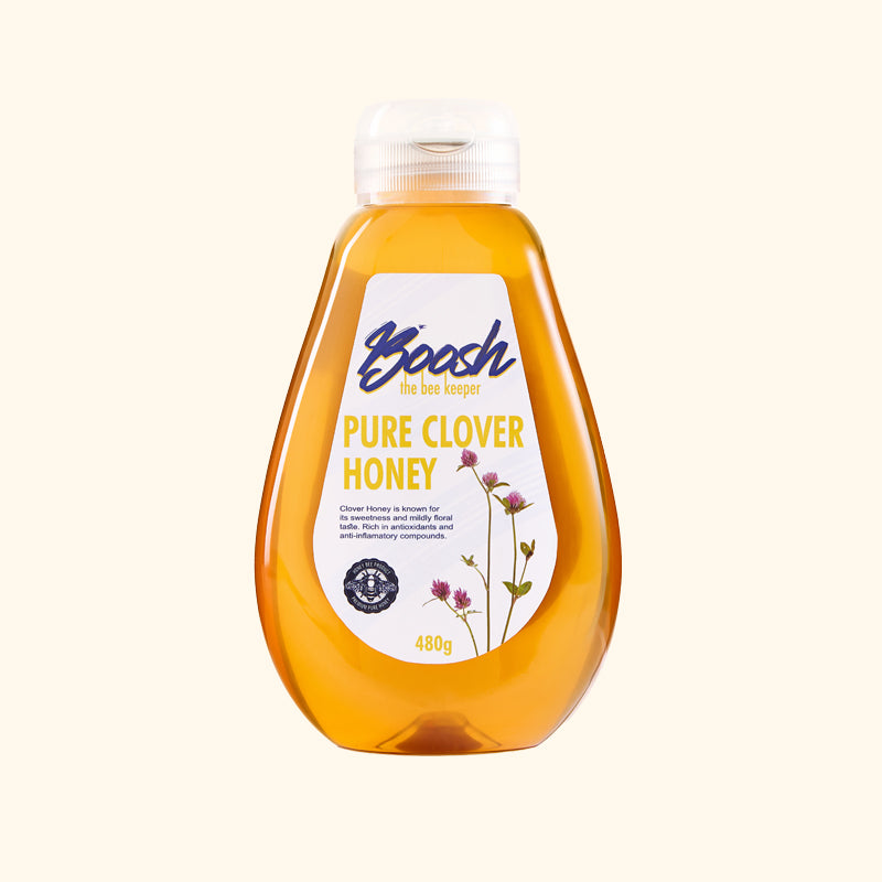 Squeezable bottle of Egyptian clover honey from Boosh the Beekeeper, 480g, front view