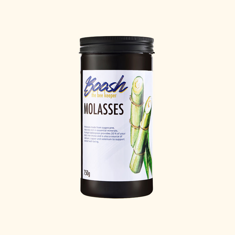 Jar of Egyptian unsulphured molasses from Boosh the Beekeeper, 750g, front view