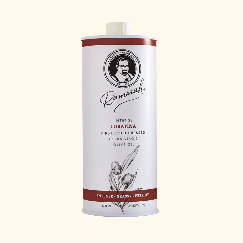 Bottle of Egyptian Coratina extra virgin olive oil from Rammah Farms, 500ml, front view