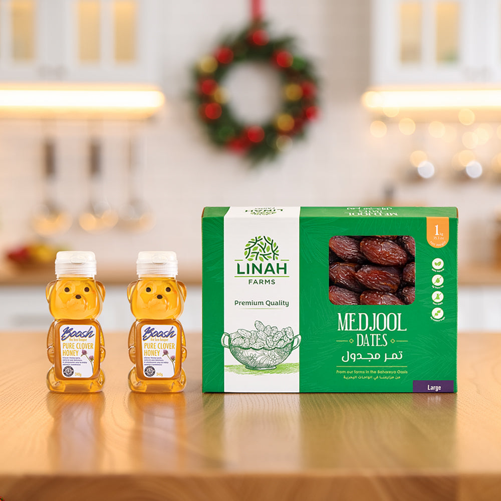 MISRDELIGHTS Bears of Delight — Medjool dates and two clover honey bear bottles.
