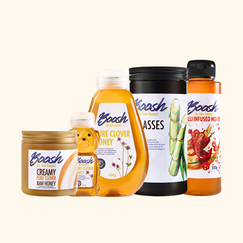 Egyptian honey sampler — three Boosh the Beekeeper honeys: pure clover, creamy raw, chilli infused
