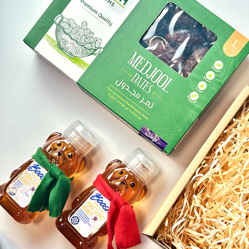 Egyptian Medjool dates and two clover honey bear bottles gift bundle in a kraft gift box — Linah Farms and Boosh the Beekeeper