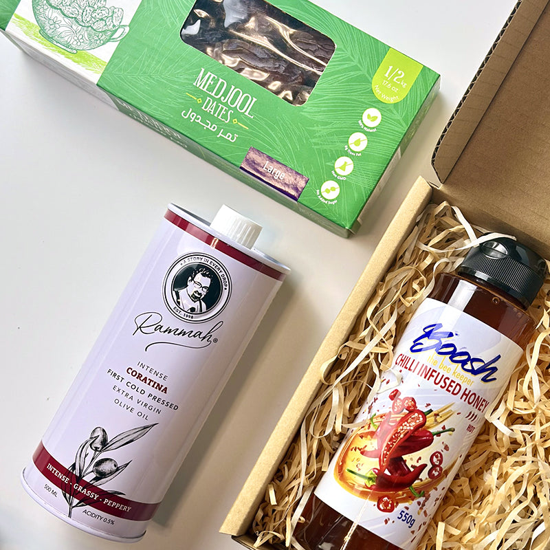 Egyptian gift bundle with Medjool dates, chilli infused honey, and Coratina extra virgin olive oil in a kraft gift box — Linah Farms, Boosh the Beekeeper, Rammah Farms