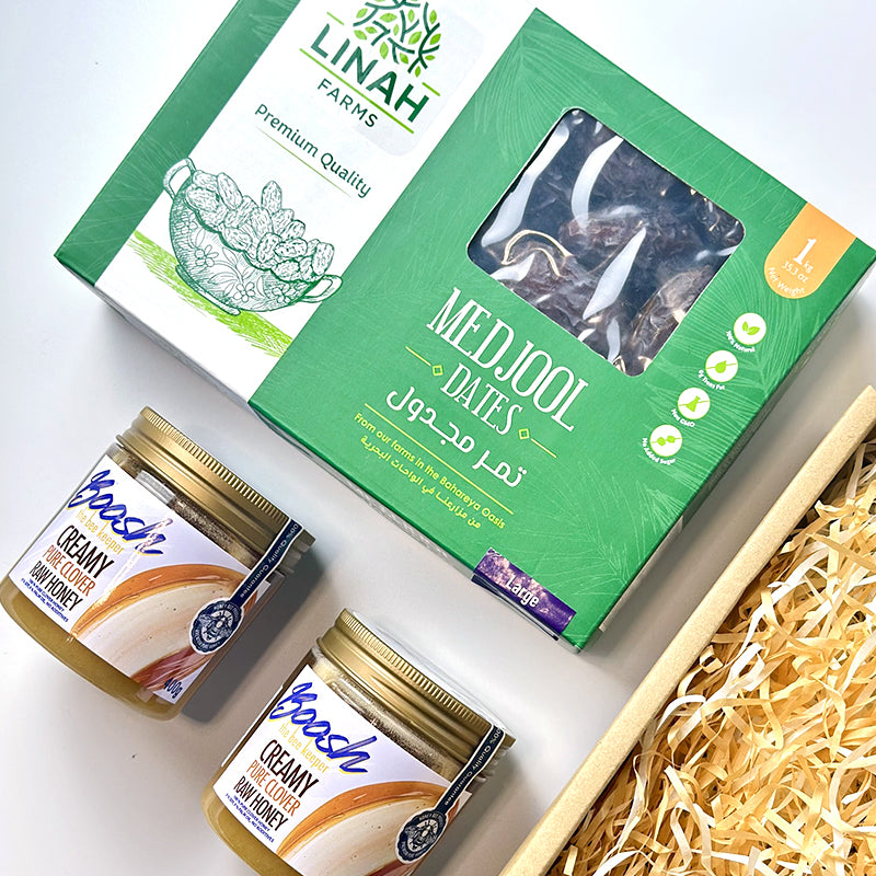 Egyptian Medjool dates and creamy raw clover honey gift bundle in a kraft gift box — Linah Farms and Boosh the Beekeeper