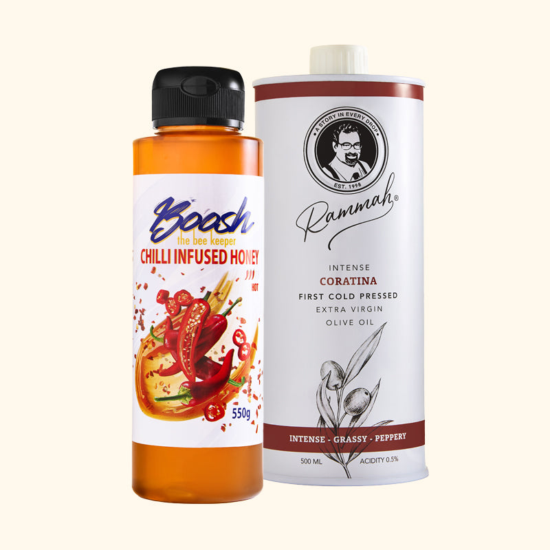 Egyptian chilli infused honey and Coratina extra virgin olive oil gift bundle in a kraft gift box — Boosh the Beekeeper and Rammah Farms