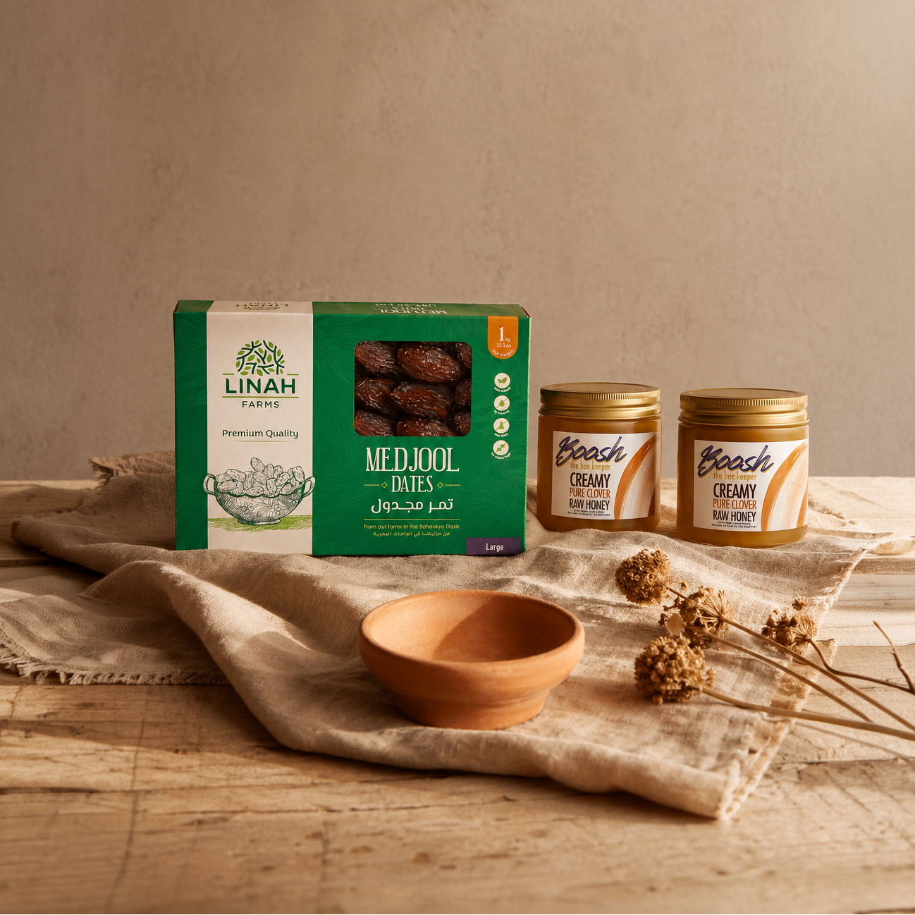MISRDELIGHTS The Rare One gift box — Linah Farms Medjool dates and Boosh the Beekeeper creamy raw clover honey.