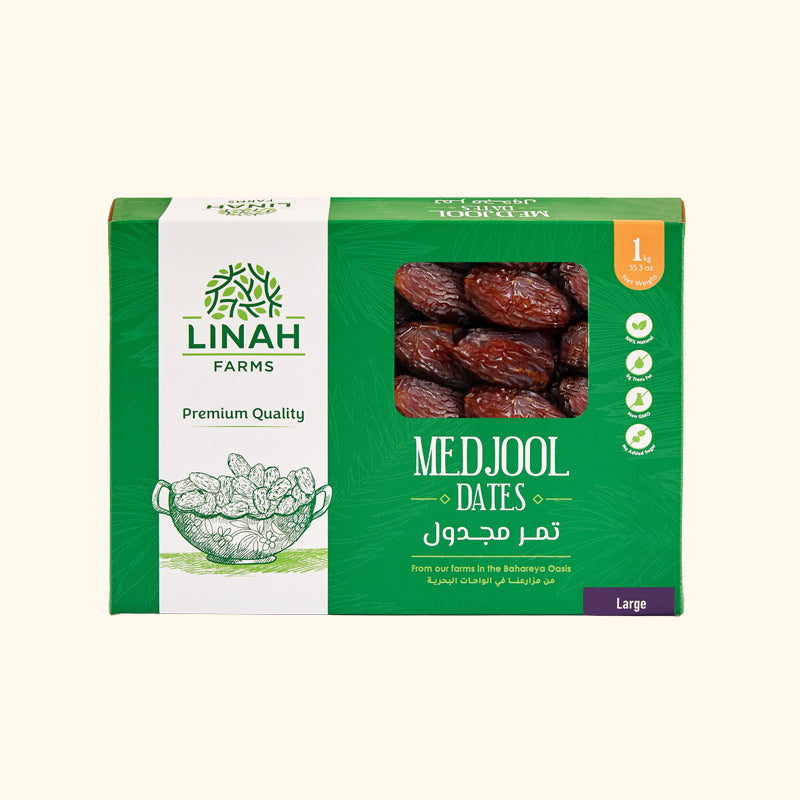 Egyptian Medjool dates from Linah Farms, 1kg box, front view