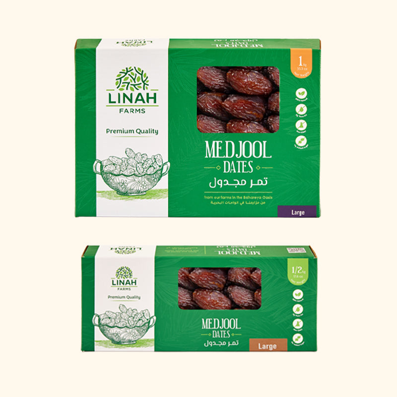 Egyptian Medjool dates from Linah Farms, 1kg and 500g packaging