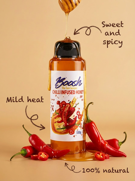 Egyptian chilli-infused honey from Boosh the Beekeeper, 550g squeezable bottle on a styled surface