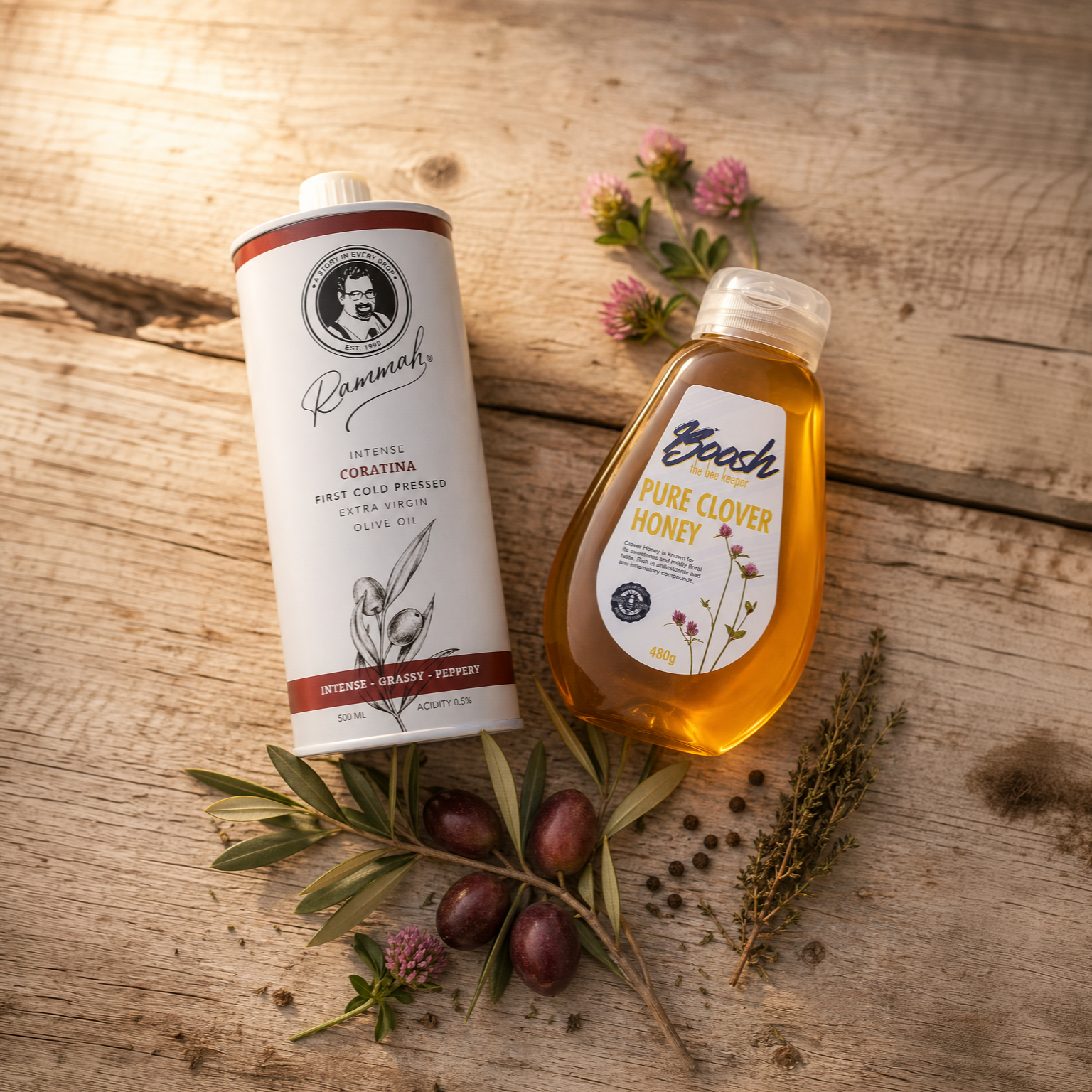MISRDELIGHTS A Match Made in Heaven gift box — Boosh the Beekeeper clover honey and Rammah Farms Coratina olive oil.