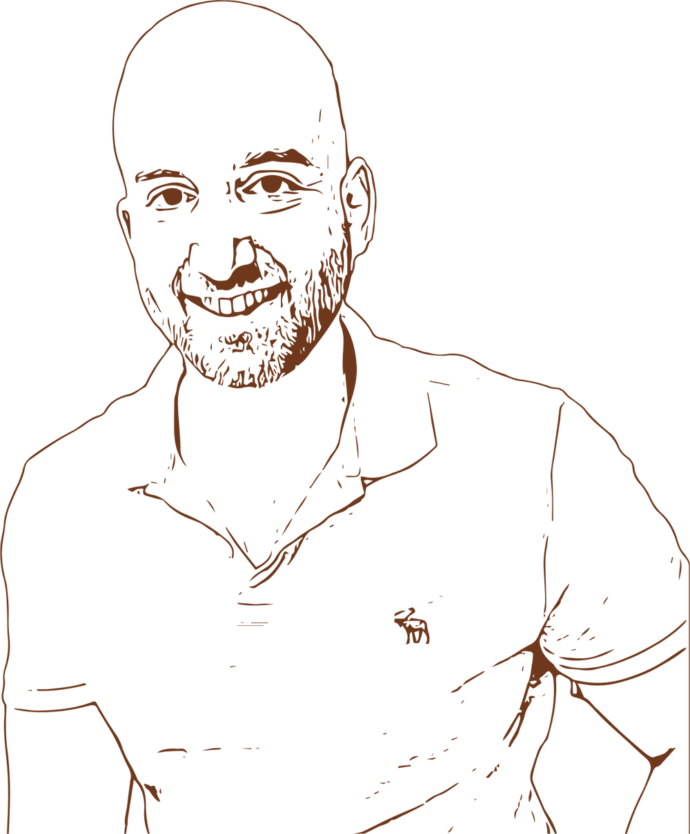 Line drawing of a man with a beard wearing a shirt with a logo on a white background