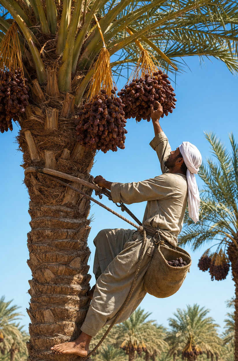 Man climbing a palm tree to harvest dates with a clear blue sky in the background