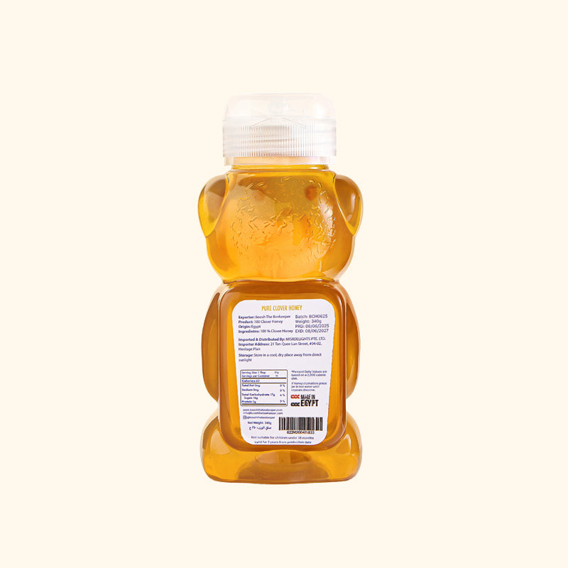 Bear-shaped bottle of Egyptian clover honey from Boosh the Beekeeper, 340g, back label with ingredient information