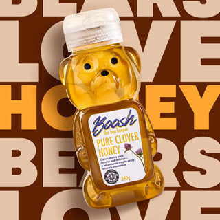 Bear-shaped bottle of Egyptian clover honey from Boosh the Beekeeper, 340g, side view