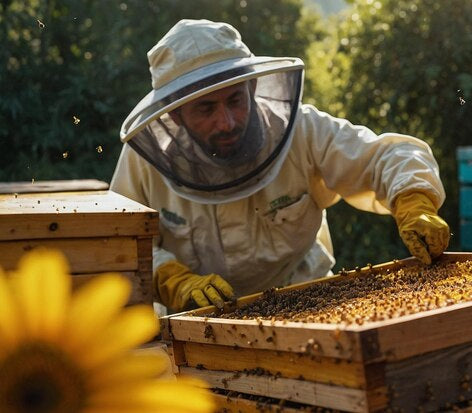 Beekeeper inspecting a beehive