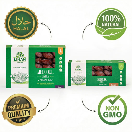 Egyptian Medjool dates from Linah Farms, 500g and 1kg boxes shown side by side