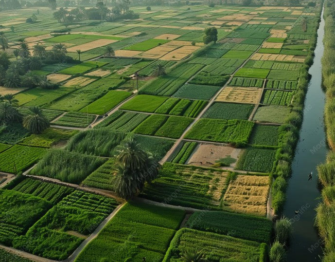 Aerial view of a riverbank with clover fields in a grid pattern.