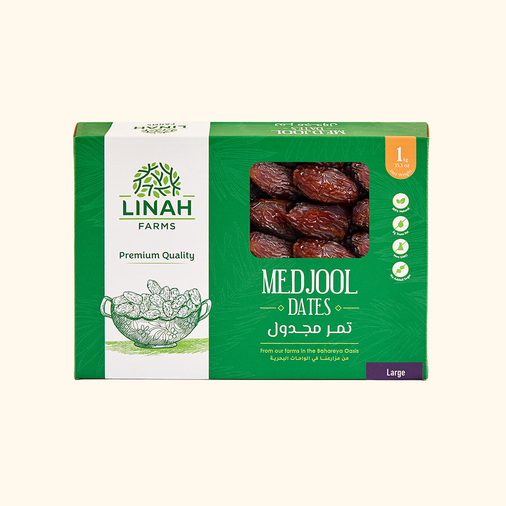 Egyptian Large Medjool dates from Linah Farms, deep mahogany with a caramel sheen.