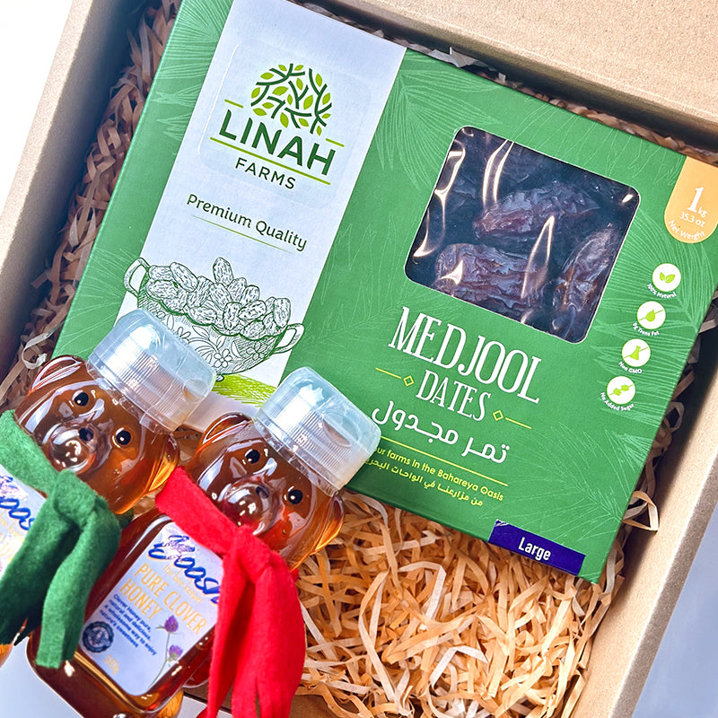 MISRDELIGHTS Bears of Delight gift box — Linah Farms Medjool dates with two Boosh the Beekeeper honey bears.