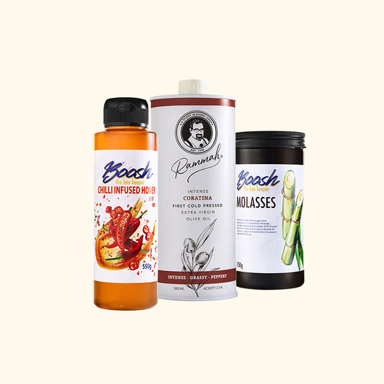 Egyptian gift bundle with chilli infused honey, unsulphured molasses, and Coratina extra virgin olive oil in a kraft gift box — Boosh the Beekeeper and Rammah Farms